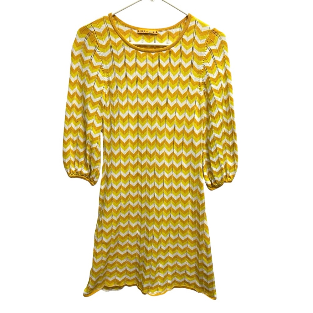 Alice + Olivia Chevron Knit Dress Yellow Orange Eyelet Cotton Size S